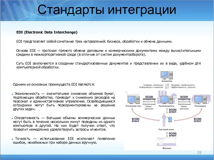 Стандарты интеграции EDI (Electronic Data Interchange) EDI представляет собой сочетание