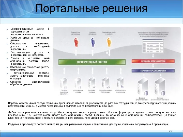 Портальные решения Централизованный доступ к корпоративным информационным системам. Удобные средства