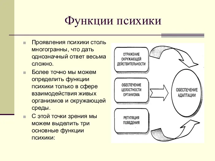 Функции психики Проявления психики столь многогранны, что дать однозначный ответ