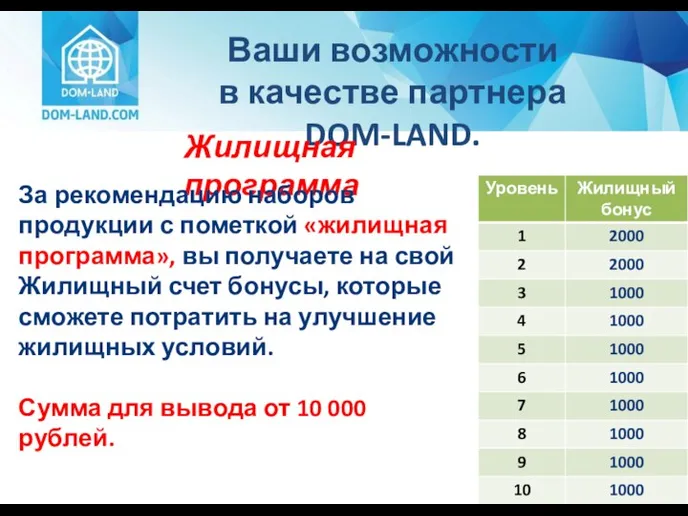 Ваши возможности в качестве партнера DOM-LAND. Жилищная программа За рекомендацию