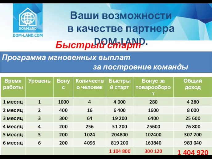 Ваши возможности в качестве партнера DOM-LAND. Быстрый старт (пример) Программа мгновенных выплат за построение команды партнеров