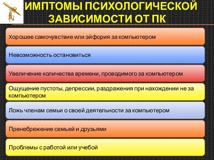 СИМПТОМЫ ПСИХОЛОГИЧЕСКОЙ ЗАВИСИМОСТИ ОТ ПК Хорошее самочувствие или эйфория за