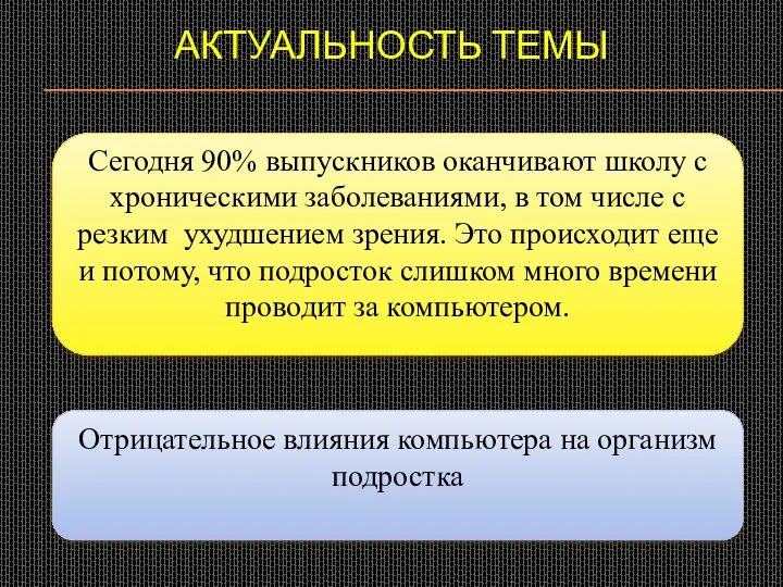 АКТУАЛЬНОСТЬ ТЕМЫ Сегодня 90% выпускников оканчивают школу с хроническими заболеваниями,