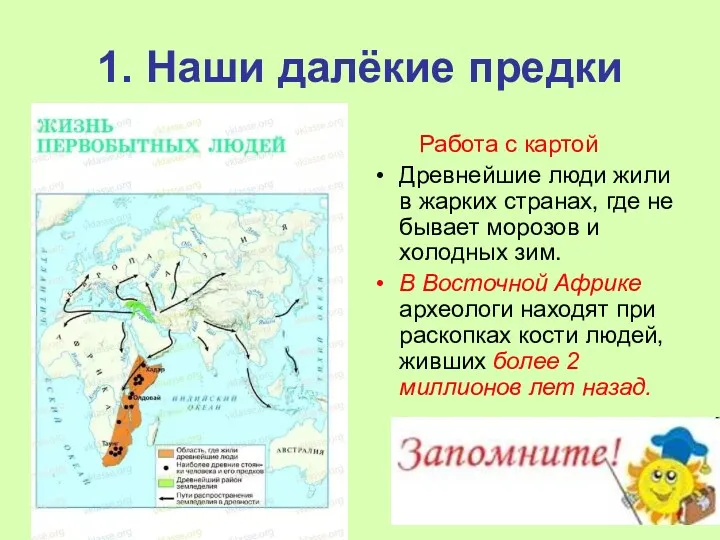 1. Наши далёкие предки Работа с картой Древнейшие люди жили