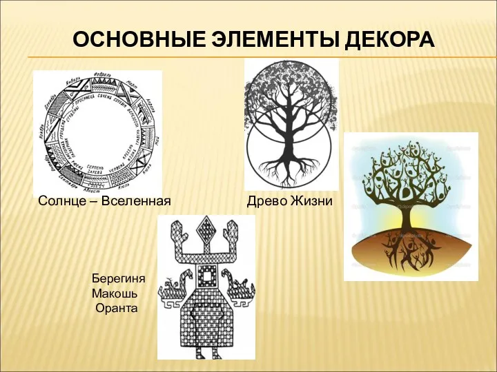 ОСНОВНЫЕ ЭЛЕМЕНТЫ ДЕКОРА Солнце – Вселенная Древо Жизни Берегиня Макошь Оранта