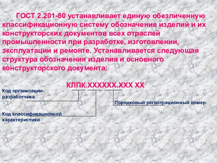 ГОСТ 2.201-80 устанавливает единую обезличенную классификационную систему обозначения изделий и