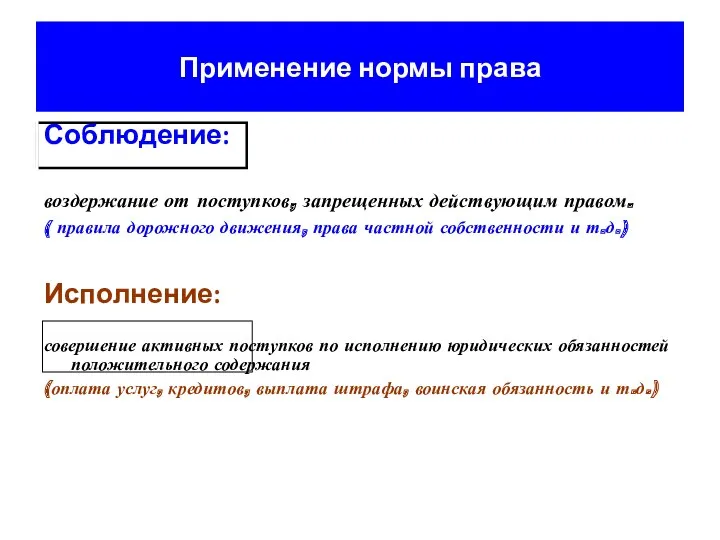 Применение нормы права Соблюдение: воздержание от поступков, запрещенных действующим правом.