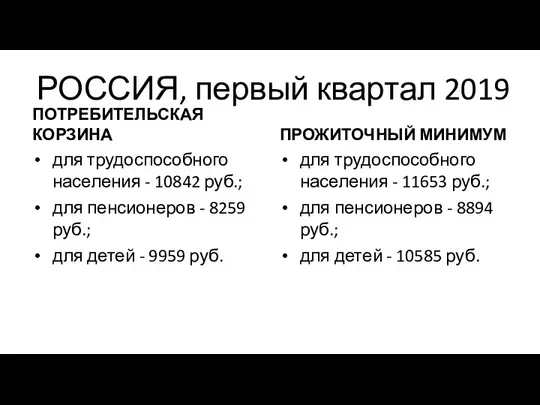 РОССИЯ, первый квартал 2019 ПОТРЕБИТЕЛЬСКАЯ КОРЗИНА для трудоспособного населения -