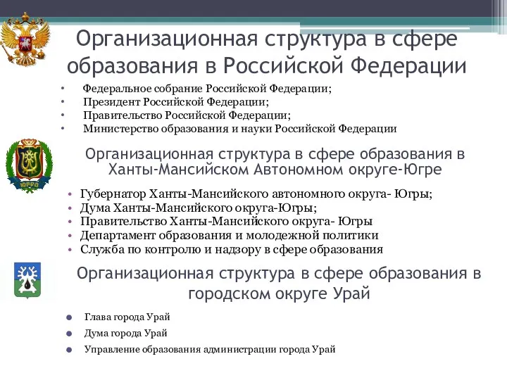 Организационная структура в сфере образования в Российской Федерации Губернатор Ханты-Мансийского
