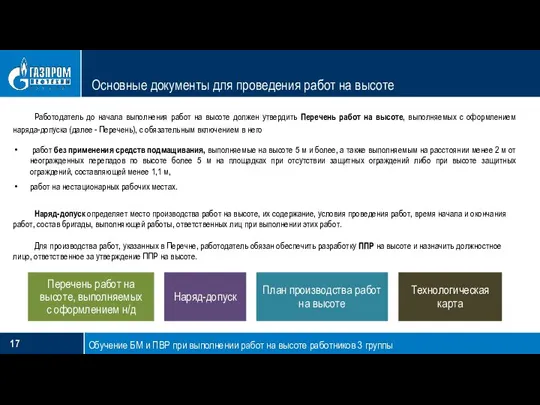 Основные документы для проведения работ на высоте Обучение БМ и