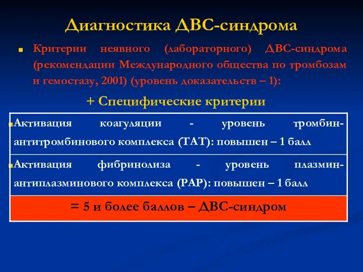 Диагностика ДВС-синдрома Критерии неявного (лабораторного) ДВС-синдрома (рекомендации Международного общества по