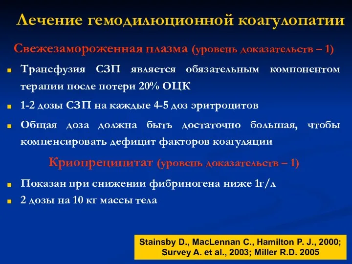 Свежезамороженная плазма (уровень доказательств – 1) Трансфузия СЗП является обязательным