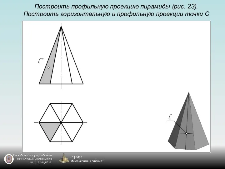 Построить профильную проекцию пирамиды (рис. 23). Построить горизонтальную и профильную проекции точки С