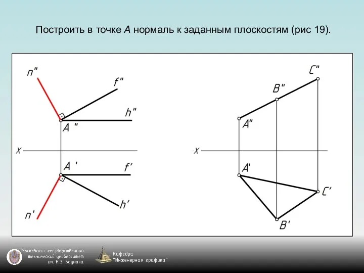 Построить в точке А нормаль к заданным плоскостям (рис 19).