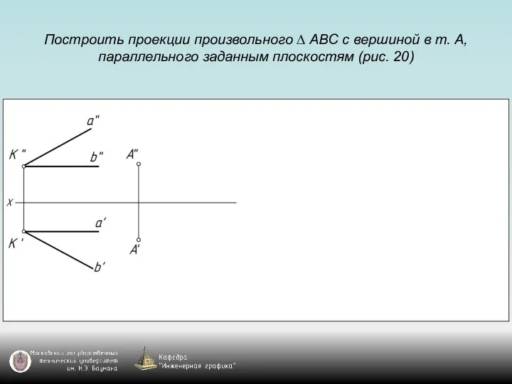 Построить проекции произвольного ∆ АВС с вершиной в т. А, параллельного заданным плоскостям (рис. 20)