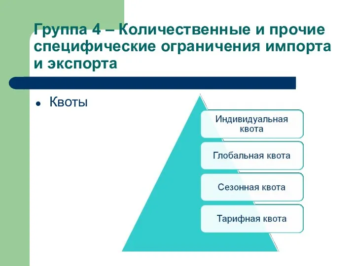 Группа 4 – Количественные и прочие специфические ограничения импорта и экспорта Квоты