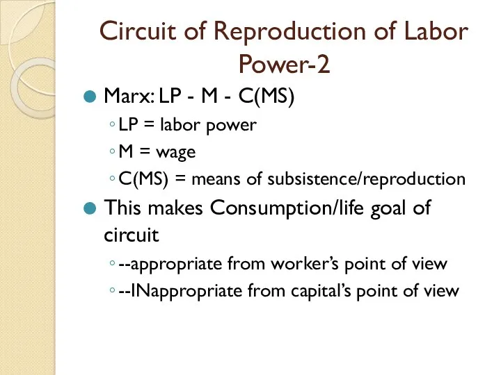 Circuit of Reproduction of Labor Power-2 Marx: LP - M