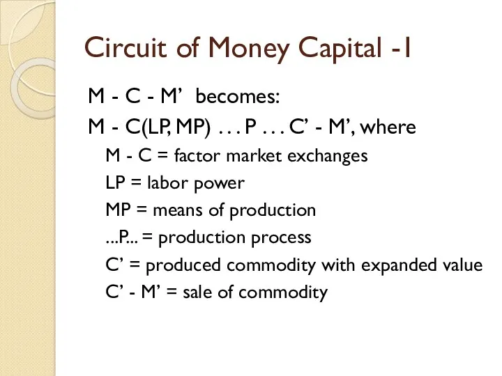 Circuit of Money Capital -1 M - C - M’