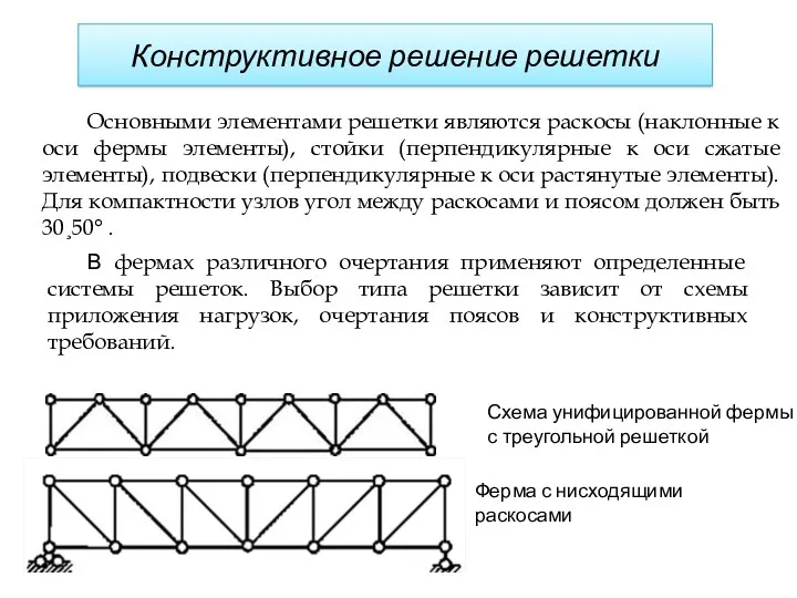 Конструктивное решение решетки Основными элементами решетки являются раскосы (наклонные к