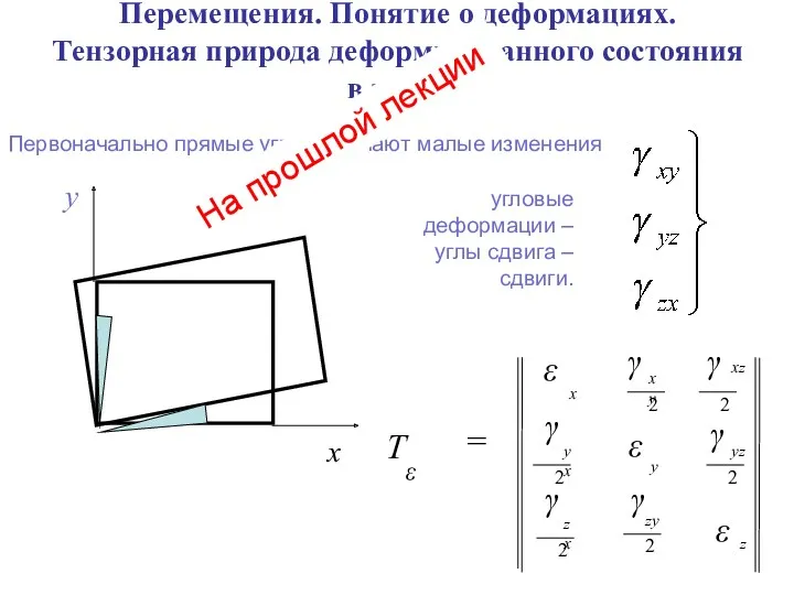 Перемещения. Понятие о деформациях. Тензорная природа деформированного состояния в точке