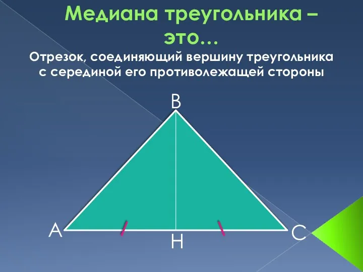 Медиана треугольника – это… А В С Н Отрезок, соединяющий