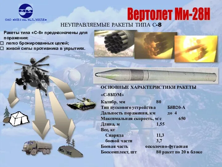 ОСНОВНЫЕ ХАРАКТЕРИСТИКИ РАКЕТЫ «С-8КОМ» Калибр, мм 80 Тип пускового устройства