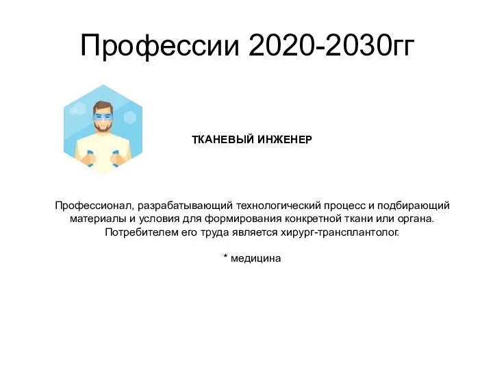 Профессии 2020-2030гг ТКАНЕВЫЙ ИНЖЕНЕР Профессионал, разрабатывающий технологический процесс и подбирающий