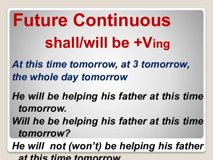 Future Continuous shall/will be +Ving At this time tomorrow, at