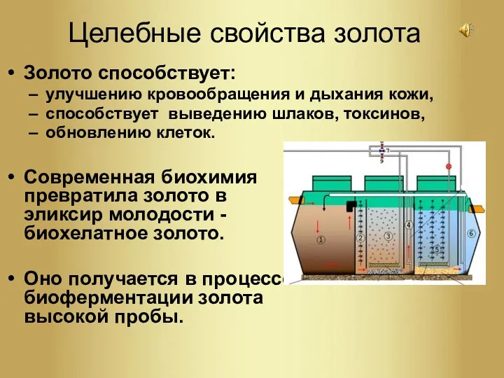 Целебные свойства золота Золото способствует: улучшению кровообращения и дыхания кожи,