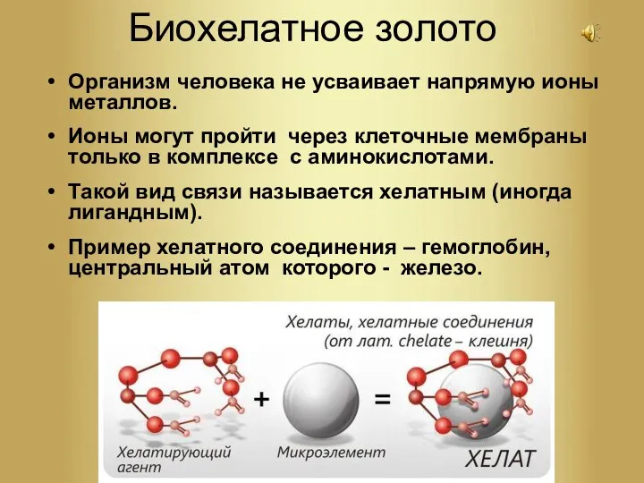 Биохелатное золото Организм человека не усваивает напрямую ионы металлов. Ионы