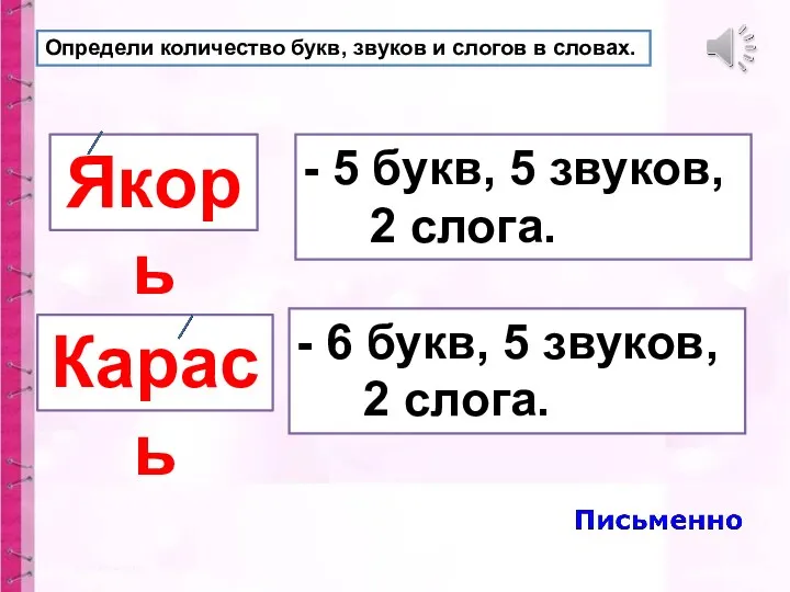 Определи количество букв, звуков и слогов в словах. Якорь -