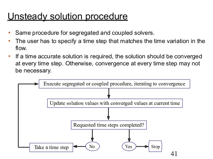 Unsteady solution procedure Same procedure for segregated and coupled solvers.