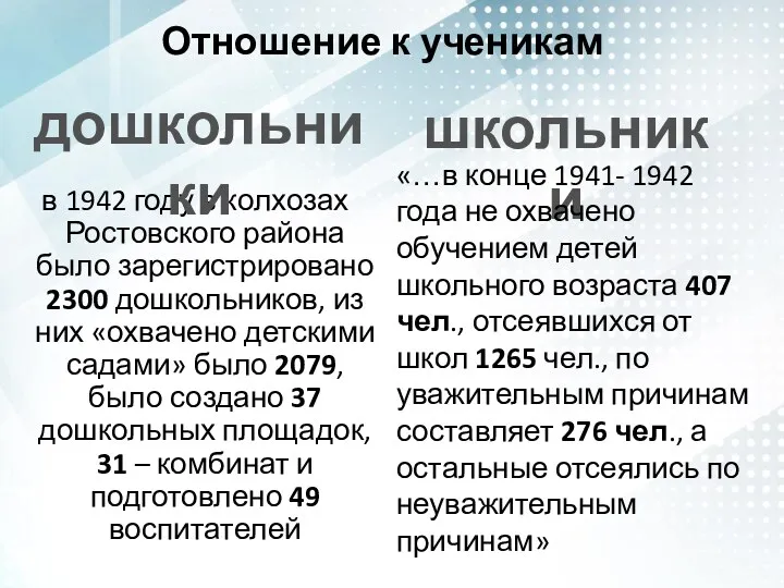 Отношение к ученикам в 1942 году в колхозах Ростовского района