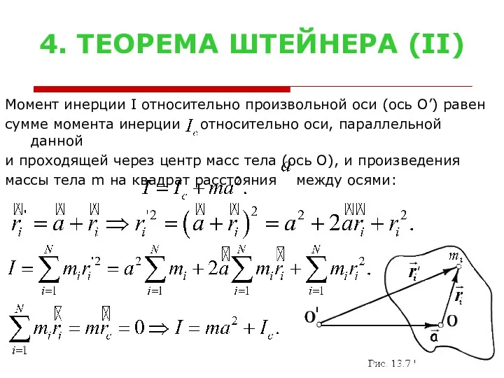 4. ТЕОРЕМА ШТЕЙНЕРА (II) Момент инерции I относительно произвольной оси