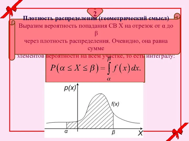2 Плотность распределения (геометрический смысл) Выразим вероятность попадания СВ X