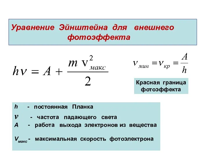 Уравнение Эйнштейна для внешнего фотоэффекта h - постоянная Планка v