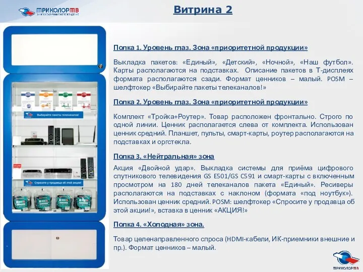 Полка 1. Уровень глаз. Зона «приоритетной продукции» Выкладка пакетов: «Единый»,