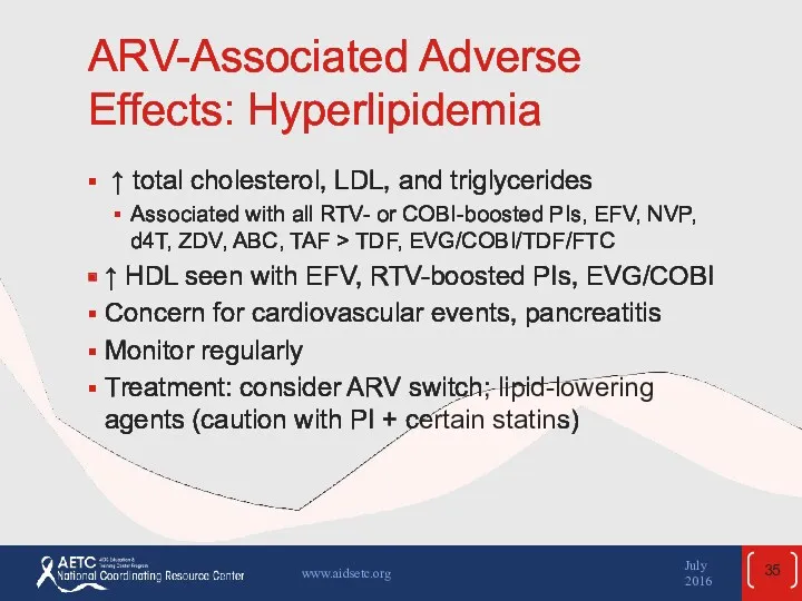 ARV-Associated Adverse Effects: Hyperlipidemia ⁭ ↑ total cholesterol, LDL, and