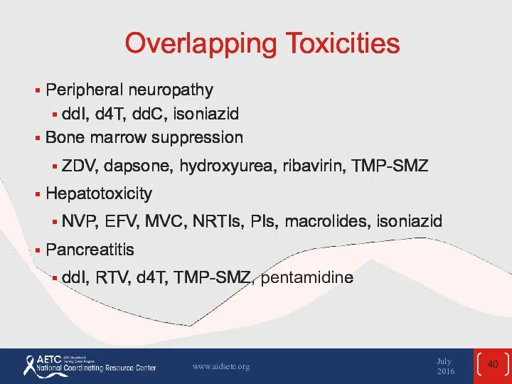 Overlapping Toxicities Peripheral neuropathy ddI, d4T, ddC, isoniazid Bone marrow