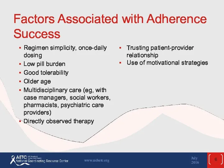 Factors Associated with Adherence Success Regimen simplicity, once-daily dosing Low
