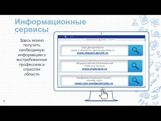 Информационные сервисы Здесь можно получить необходимую информацию о востребованных профессиях и отраслях области