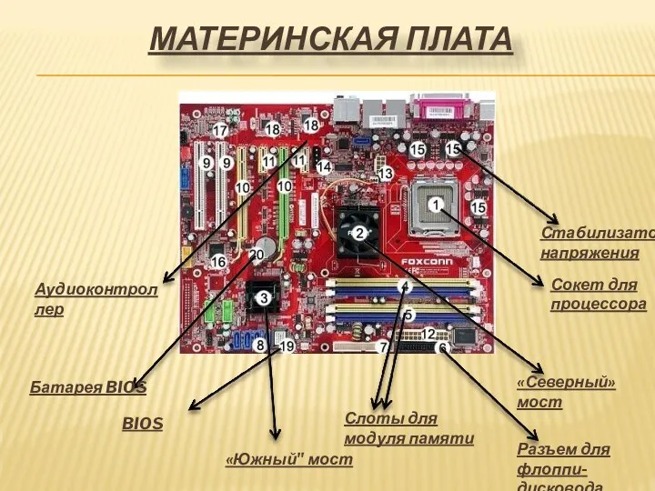 МАТЕРИНСКАЯ ПЛАТА Сокет для процессора Слоты для модуля памяти Разъем