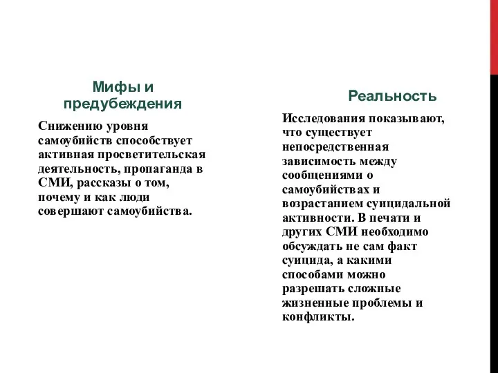 Мифы и предубеждения Снижению уровня самоубийств способствует активная просветительская деятельность, пропаганда в СМИ,