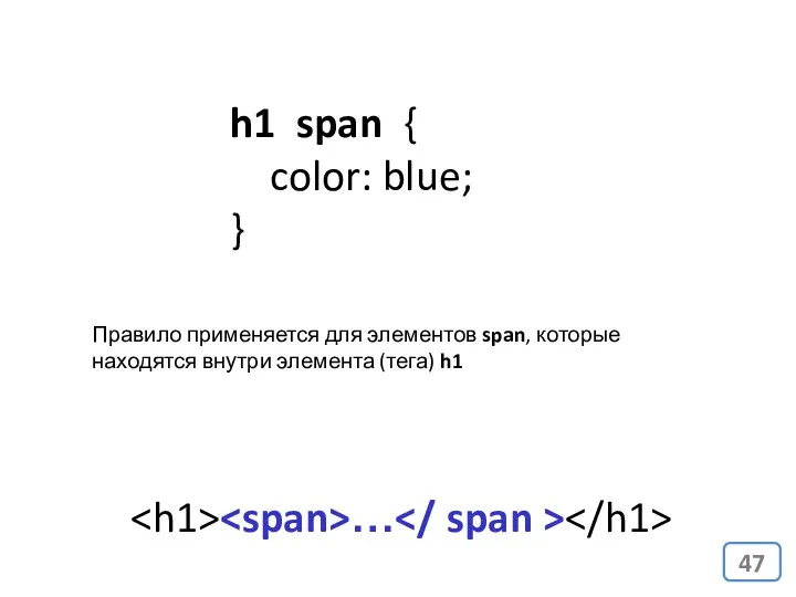 h1 span { color: blue; } Правило применяется для элементов