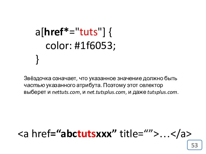 a[href*="tuts"] { color: #1f6053; } Звёздочка означает, что указанное значение