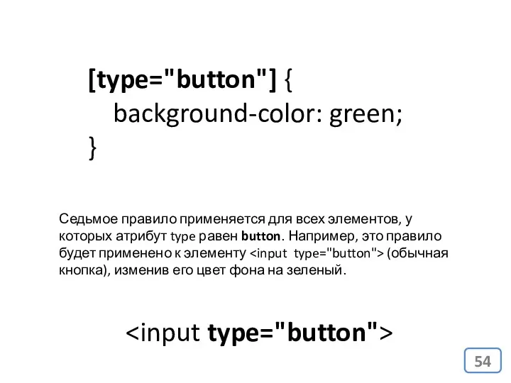 [type="button"] { background-color: green; } Седьмое правило применяется для всех