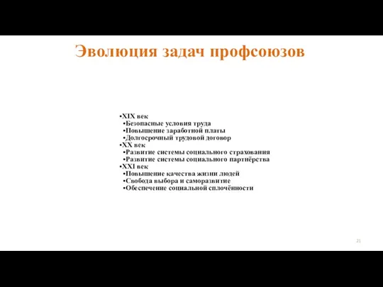 Эволюция задач профсоюзов XIX век Безопасные условия труда Повышение заработной