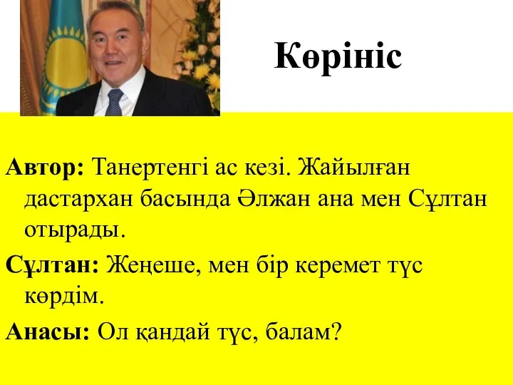 Көрініс Автор: Танертенгі ас кезі. Жайылған дастархан басында Әлжан ана