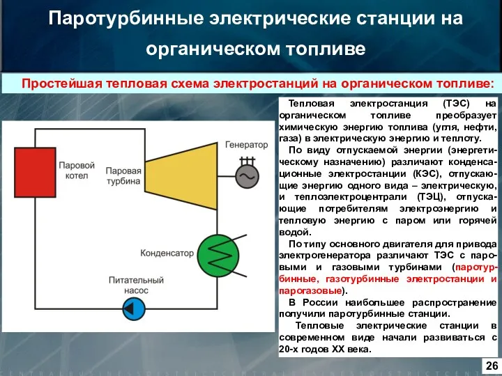 Паротурбинные электрические станции на органическом топливе Тепловая электростанция (ТЭС) на органическом топливе преобразует