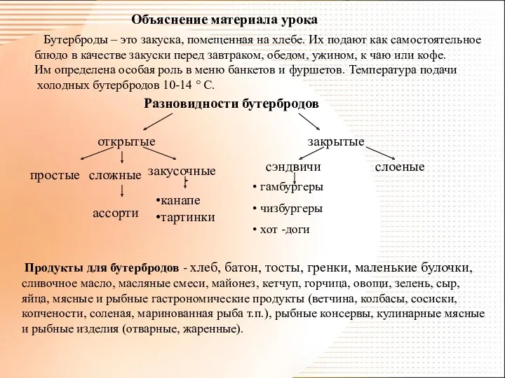 Объяснение материала урока Бутерброды – это закуска, помещенная на хлебе. Их подают как